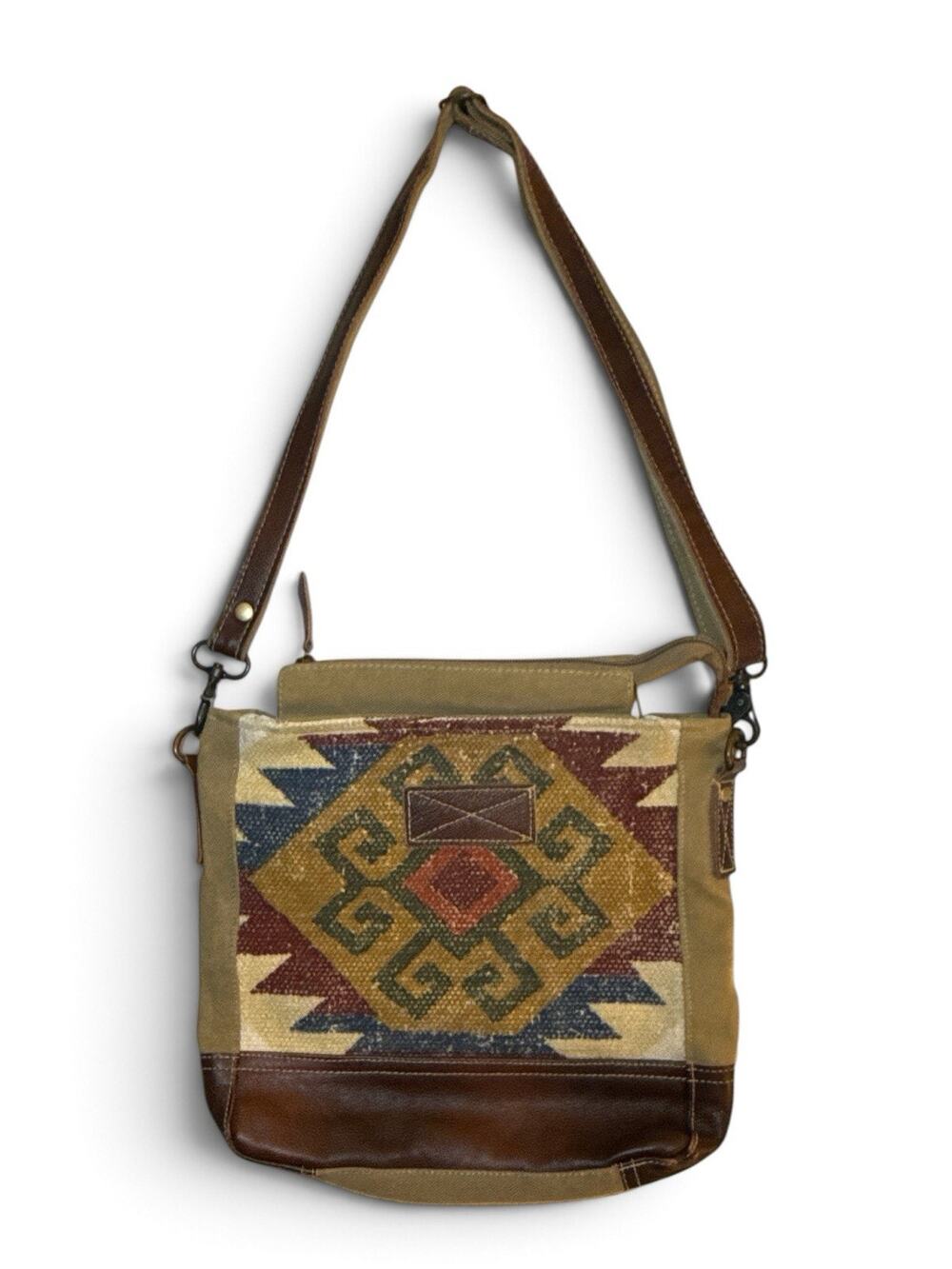 Myra BOHO Women Aztec SW Multicolor Pattern Canvas Brown Leather Crossbody Purse